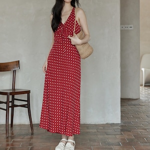 polka dot red v neck dress