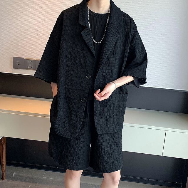 【予約販売】メンズ セットアップ 上下 ハーフパンツ 半袖 ジャケット ワッフル ホワイト ブラック スーツ フォーマル 結婚式 パーティー カジュアル 春夏秋 M/L/XL/2XL