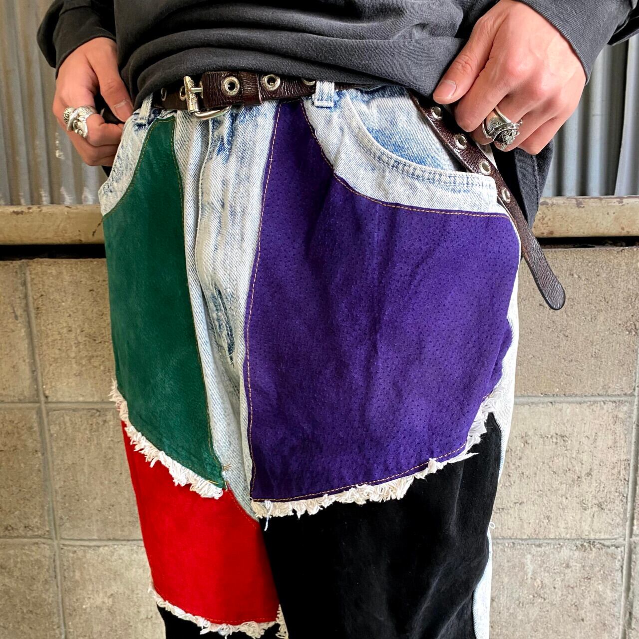 90年代 STEFANO テーパード マルチレザー デザインデニムパンツ メンズ