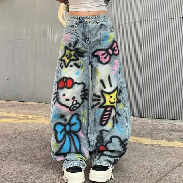 カラフル落書きワイドシルエットデニムパンツ
