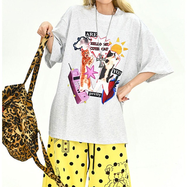 ファンシーアニマルコラージュグラフィックルーズTシャツ 2col   R01900