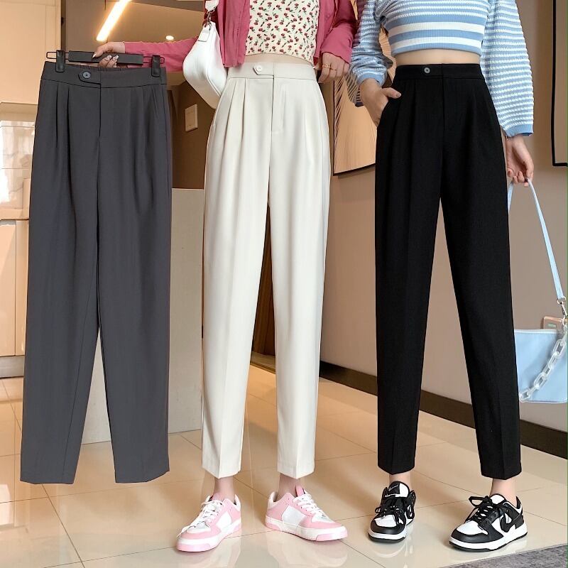 パンツ スプリングオータム薄手ハイウェストウェストスリムブラック 春物 秋物 1号婦人19261687227