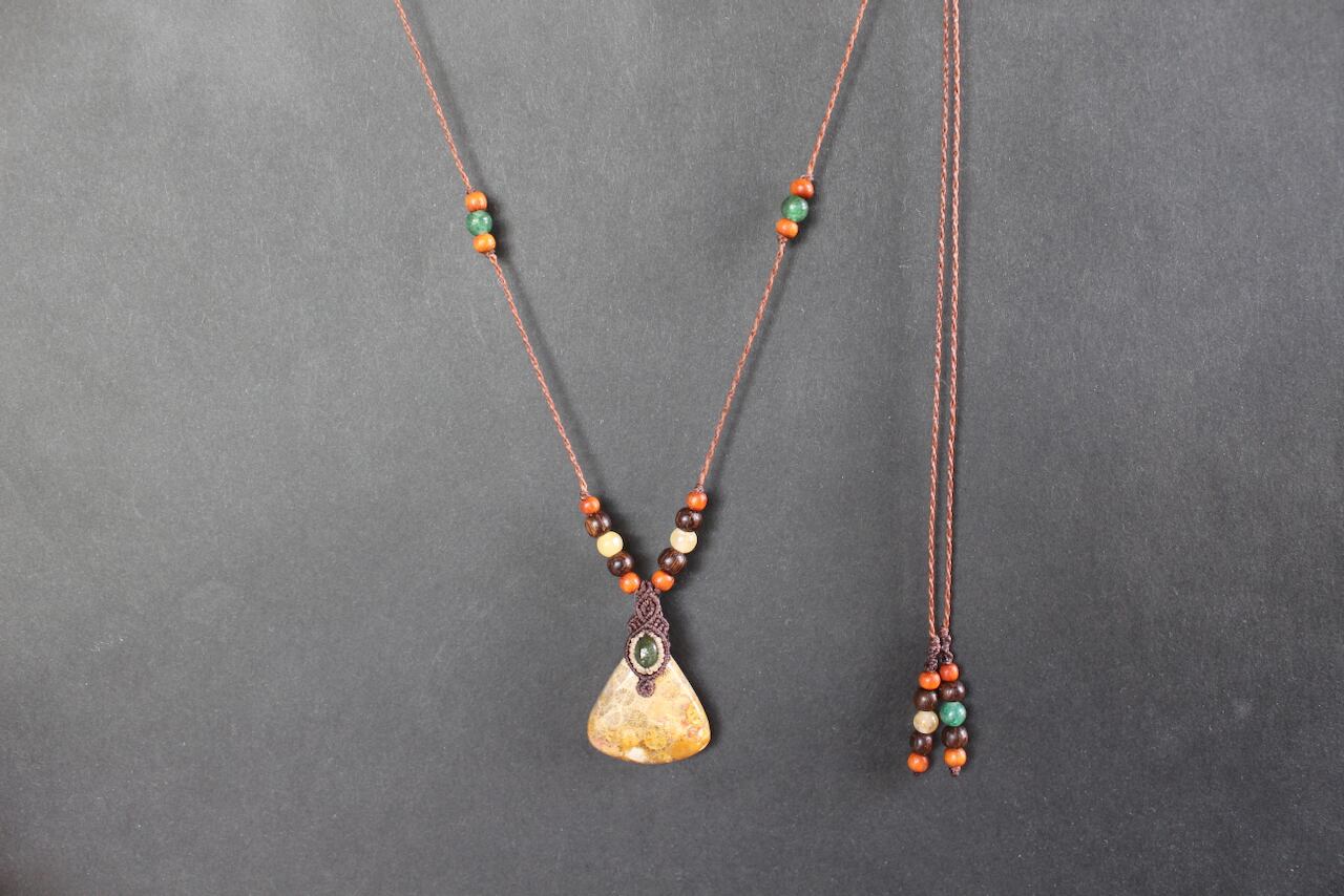 Fossil Coral & Green Tourmaline micro macrame woody pendant