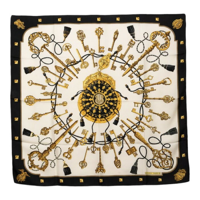 エルメス カレ90 LES CLES 鍵 スカーフ 大判 ブラック アイボリー シルク レディース HERMES 【中古】