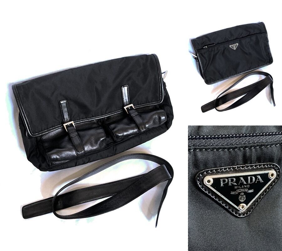 レア 極美品 タグ付き PRADA プラダ ブラック ナッパレザー リモンタ ロゴ プレート 2way ショルダー & クラッチ バッグ