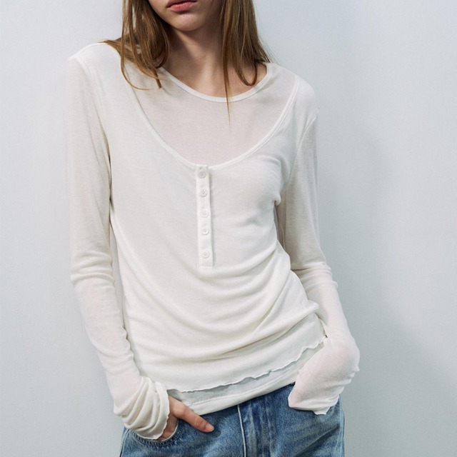 Layered button mellow tops 6 colors　V2831