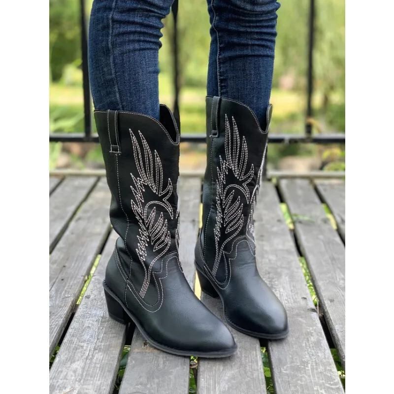 女性用ハイカウボーイブーツ,ブルーデニムブーツ,厚手のヒール,つま先が付いた滑り止め,秋用,2023_97