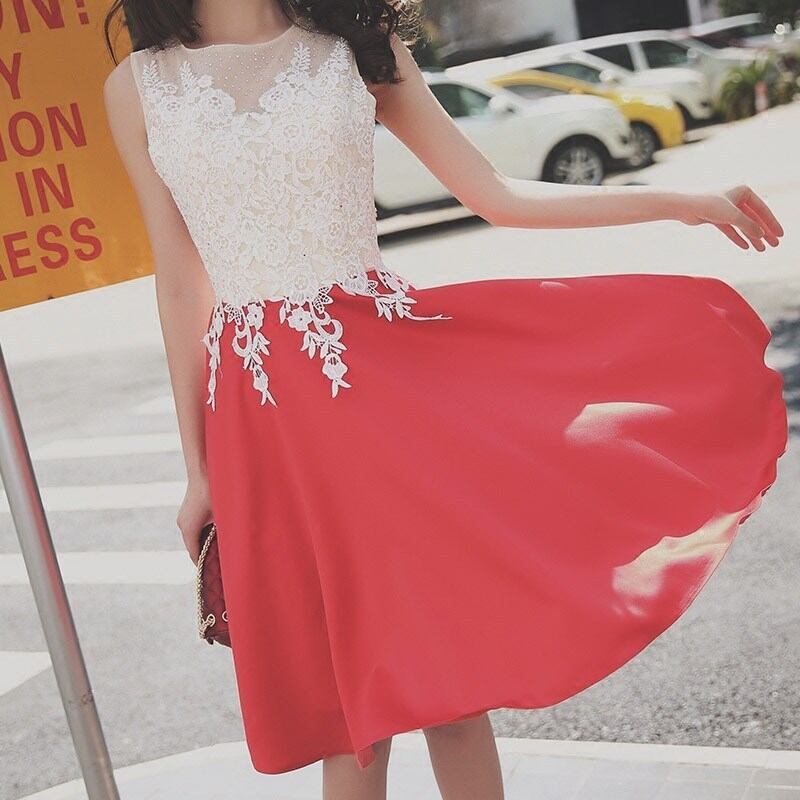 ドッキングデザイン パーティードレス 膝丈 赤 白 結婚式 二次会