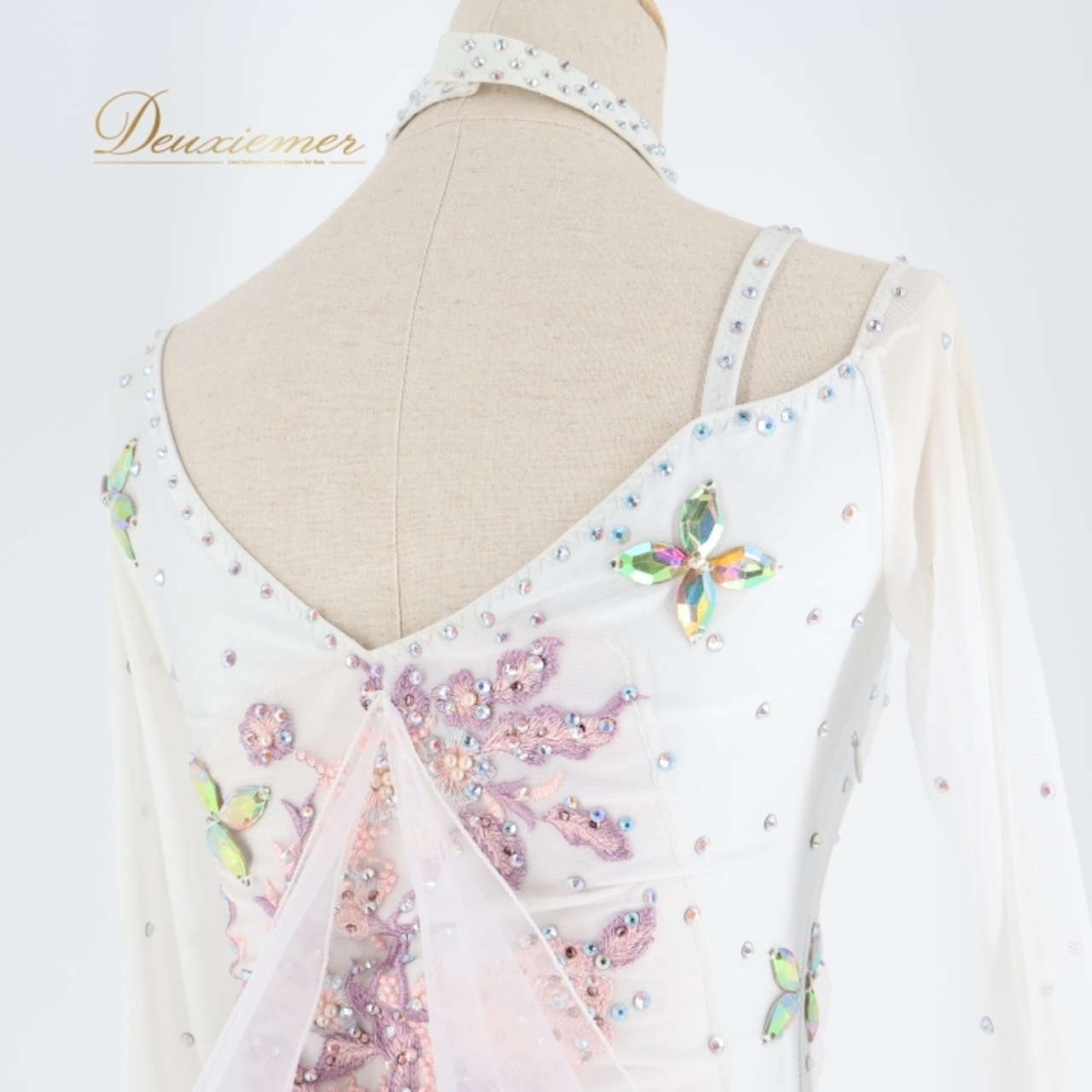 社交ダンス 衣装 スタンダード ドレス スタンダードドレス ワンピース 白 フロート デモ 競技 フリル パーティ 発表会 ピンク系 ホワイト系 フラワー おしゃれ デザイン スカート フォーマル ステージ用 Mサイズ 女性用 競技用 発表会用