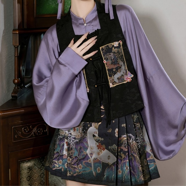 中華ロリータ チャイナ風 振袖シャツ バルーンスリーブ 中華風 パープル 刺繍 オリエンタル