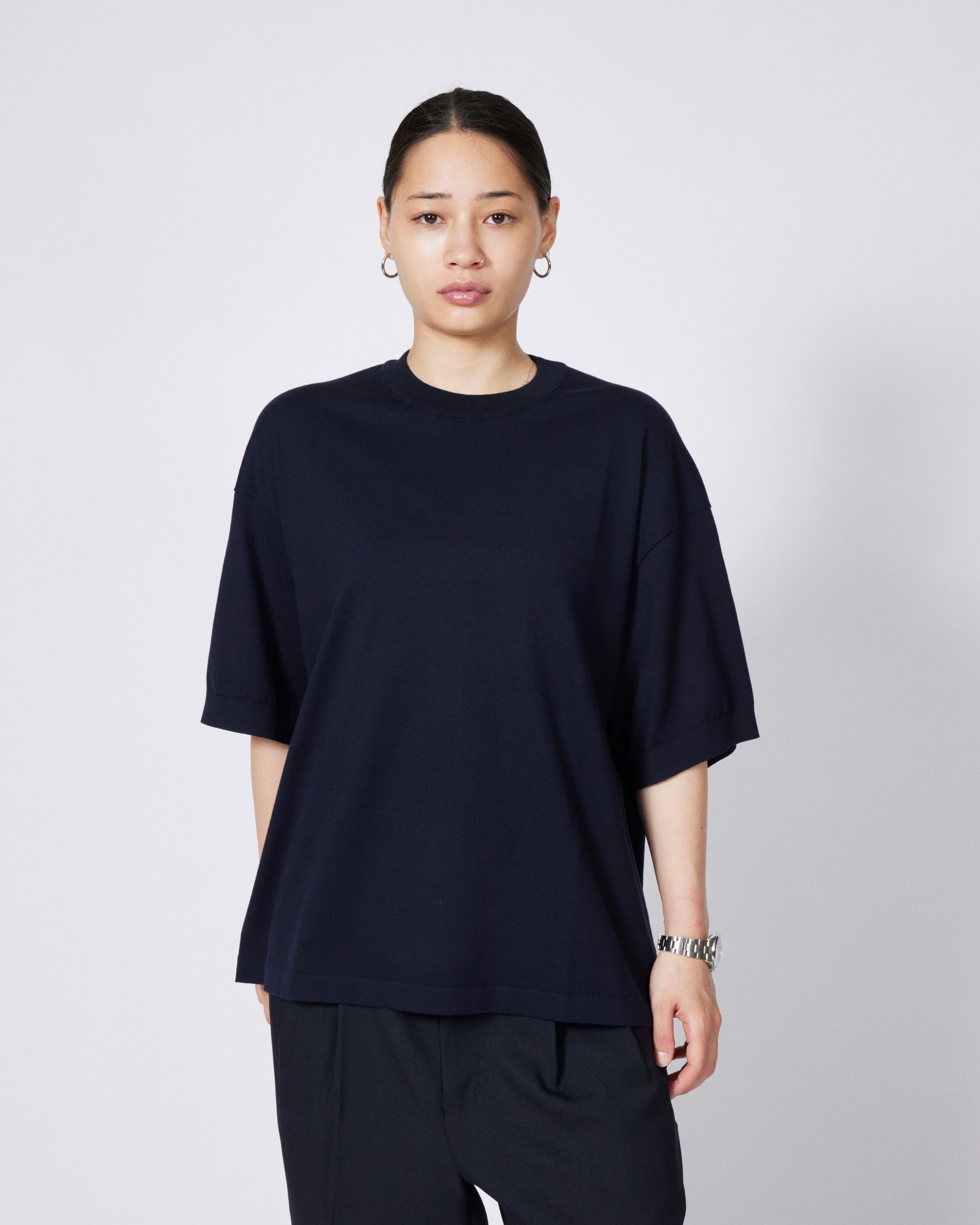 トップス everyone high-gauge no sleeve tee shirt everyone cotton silk high gauge knit short sleeve tee shirt (NAVY