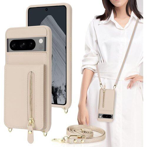 Google Pixel 8 Pro ケース ショルダー ストラップ付き ショルダーケース 背面フリップ 上下開 手帳型 Google用pixel8pro SIMフリー softbank au 対応 グーグル ピクセル8プロ カバー pixel8proスマホケース case 適用 iCoverCase カード収納 縦置き スタンド 肩がけ 首掛け 斜め掛け 携帯カバー ベージュ 2616