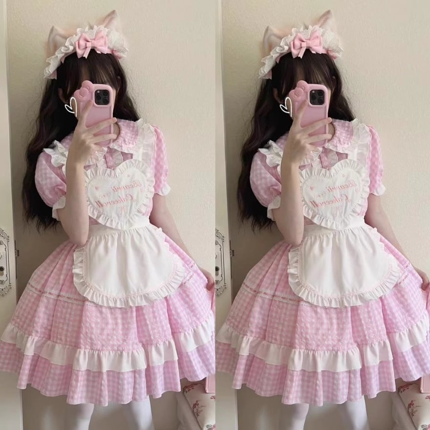 試着のみ　ピンク　メイド服セット　フリル　レース　Mサイズ 大きいサイズ レディース｜リボンのメイド服ピンクワンピ―ス (M/L/2L
