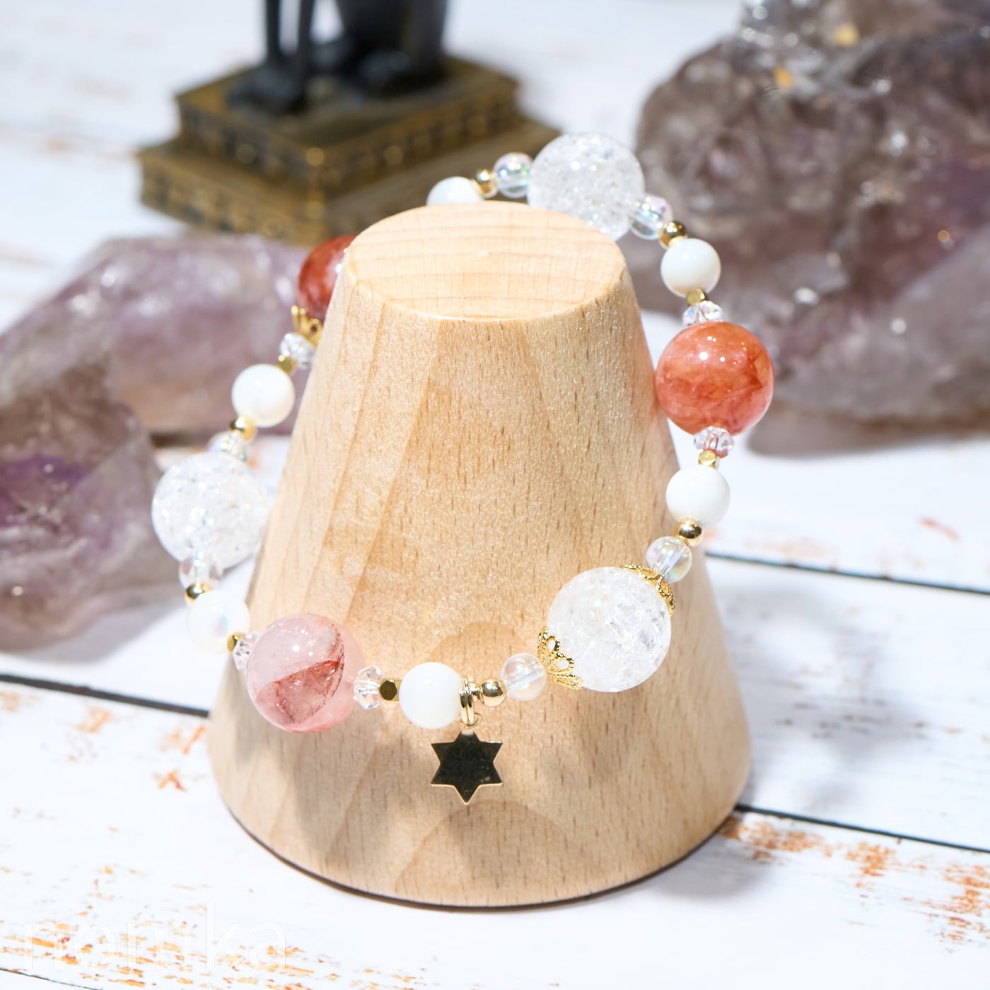 慈愛の活力と処方箋】レッドクォーツ×クラック水晶 デザインゴムブレス