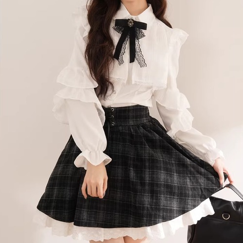 【2点セット】袖フリルガーリーブラウス＋チェック柄レースヘムスカート ・76529