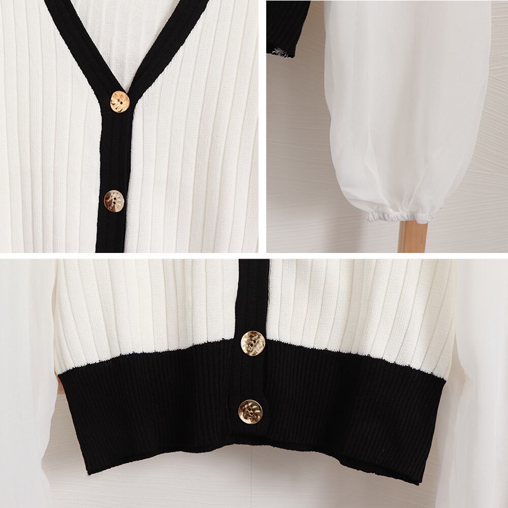 シフォン ニット レディース 春秋 袖切り替え 韓国 トップス きれいめ 大人 かわいい おしゃれ カーディガン パフスリーブ リブニット 透け感 大人可愛い 大人女子