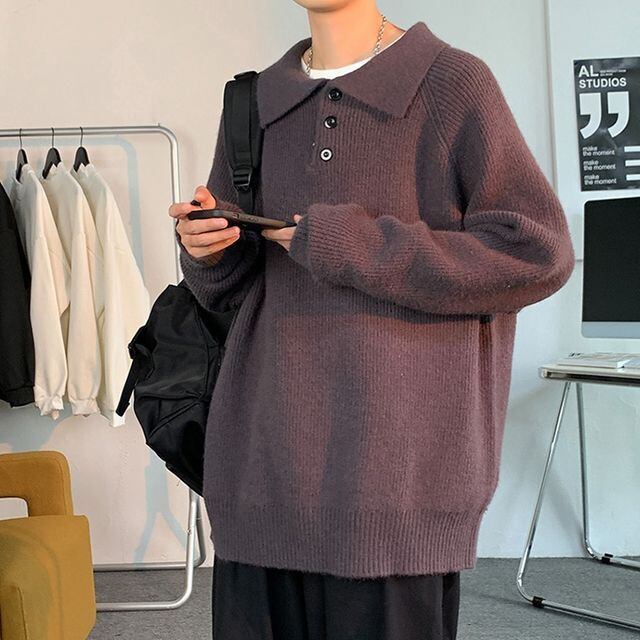 【予約販売】ニット ビッグカラー 無地 ボタン 襟 オーバーサイズ メンズ ホワイト グレー ブラック セーター こなれ感 お洒落 韓国 トレンド 秋冬 M/L/XL/2XL/3XL/4XL