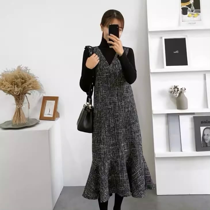 マーリエ　マルチカラー ツイード ノースリーブ ワンピース Vネックノースリーブツイードマーメイドワンピース【051027】 | ROSE AURA