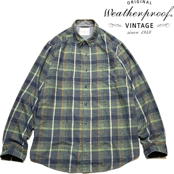 1点物◇Weatherproof緑茶チェックシャツ長袖ネルシャツ古着メンズL/XL