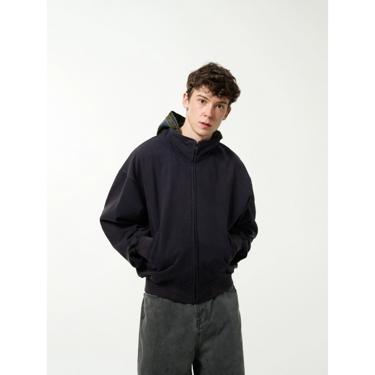 VINTAGE ストリート チェック柄フード ジップパーカー T1865