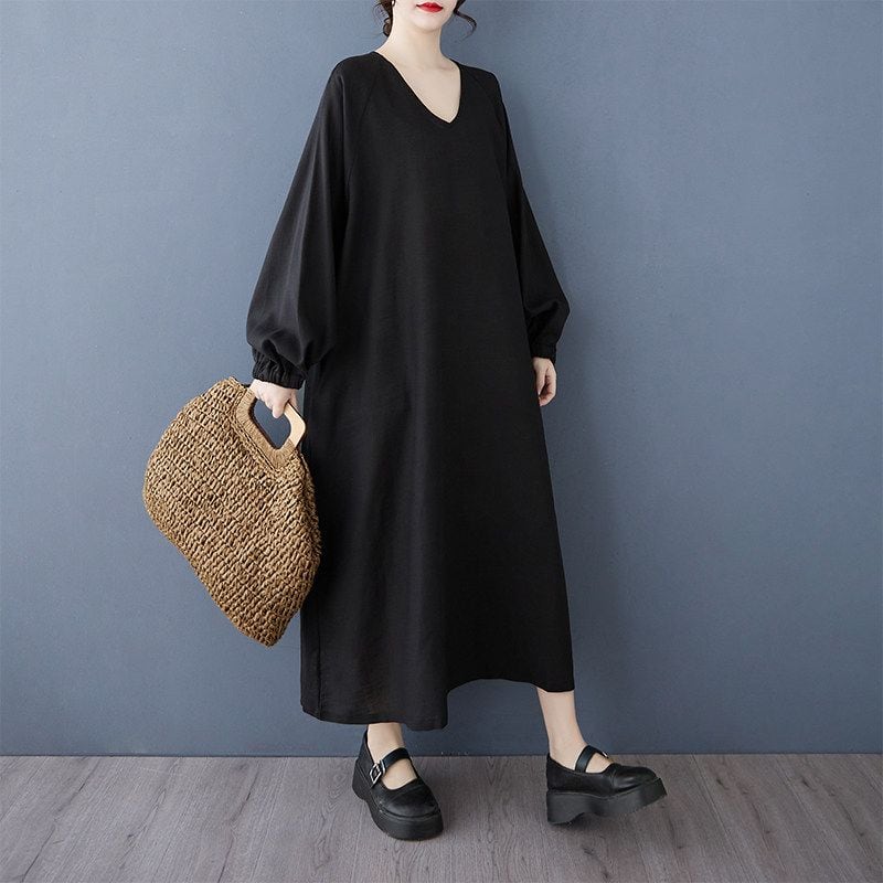RELAXED V-NECK LONG SLEEVES PULLOVER MAXI DRESS M-18160