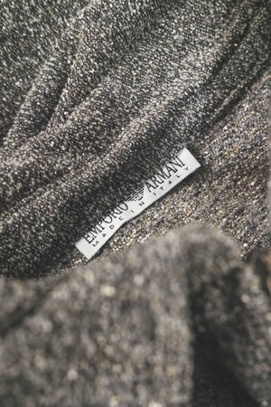 【DEAD-STOCK】90's "EMPORIO ARMANI" Grey Mélange Wool Silk Blend Bouclé Tweed Half-Zip Oversized Pullover Shirt Made in ITALY