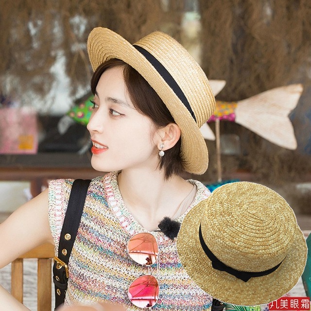 ナザ同じスタイルフラットトップフラットリム麦わら帽子小さな新鮮な日よけシルクハット夏の日よけ帽レディース夏バージョン ブラック・アイド・ピーズ15820111647