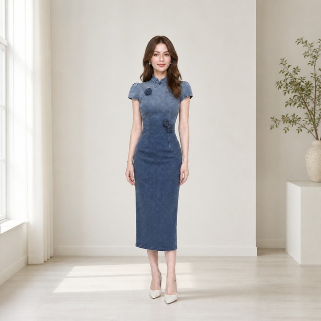 Gradient Blue Rose Mandarin Collar Qipao Dress (2type) V3462