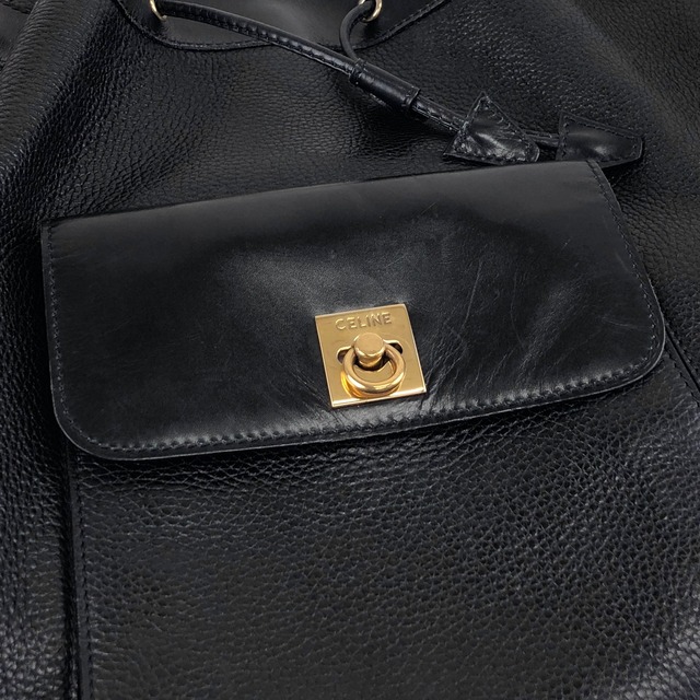 CELINE セリーヌ ショルダーバッグ ブラック ガンチーニ レザー 巾着 フロントポケット vintage ヴィンテージ オールド 3gt2jh