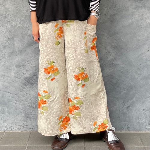 着物リメイクワイドパンツ - kimono elastic waist pants