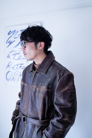 【1930-40s】 "Adolphe Lafont" 4-pockets Zip-up Cow Leather JKT / 891y