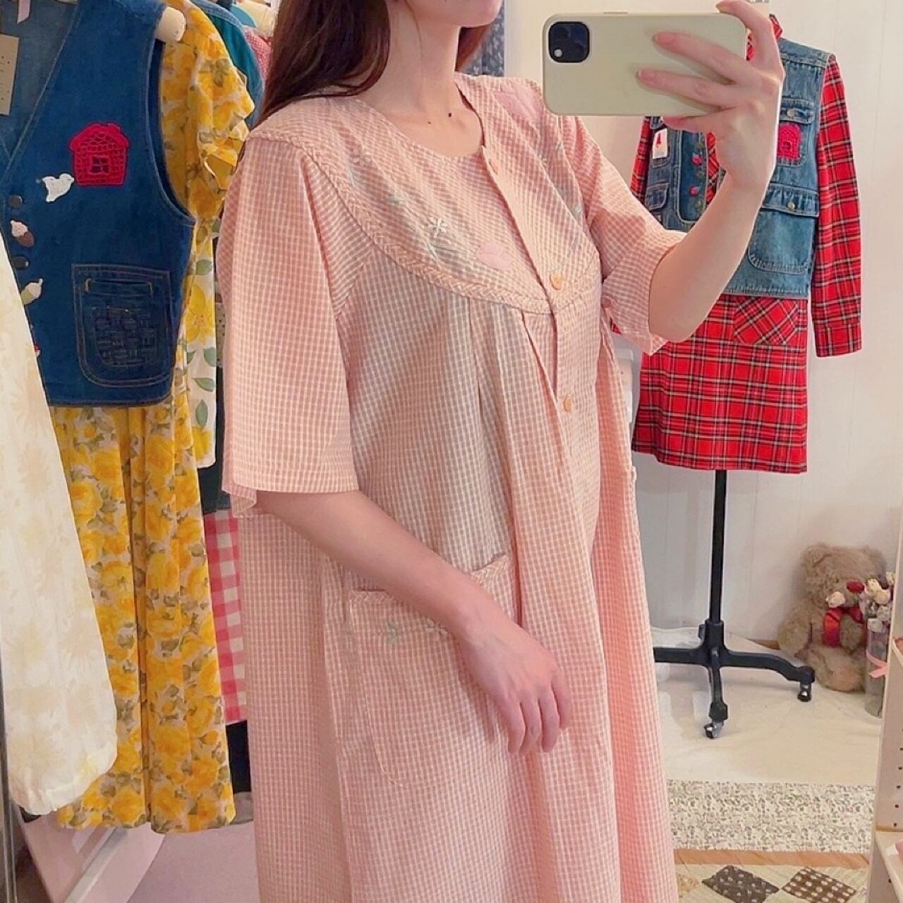 orange gingham check flower one-piece