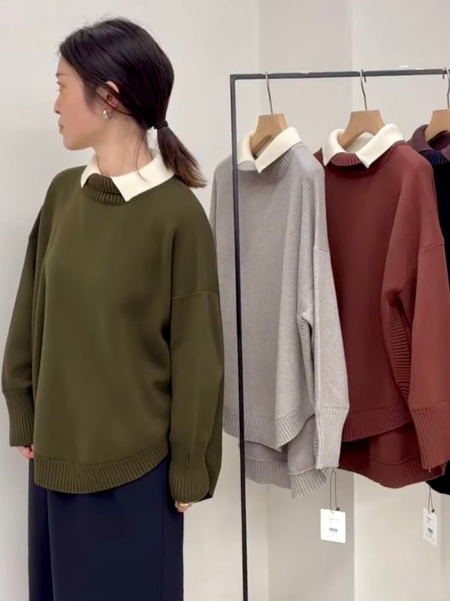 【送料無料】CLOCHE(クロッシェ)えり付き裾ラウンドハイネックプルオーバ ニット 2WAY 大人カジュアル キレイめカジュアル 手洗い可能 552-85578