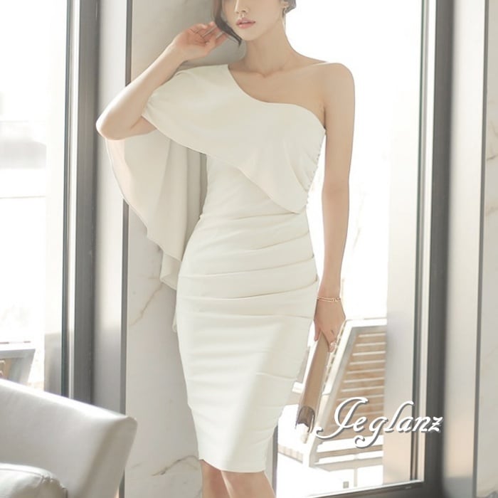 パーティドレス ワンショルダー ワンピース フリル 肌見せ きれいめ(M0695)ζ