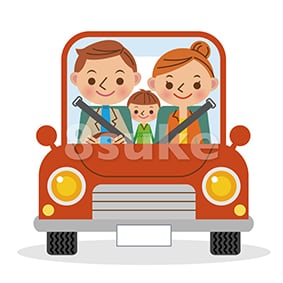 イラスト素材：マイカーでドライブを楽しむ3人家族（ベクター・JPG）
