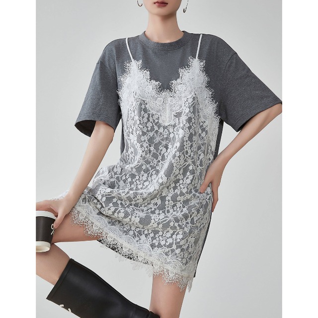 レースキャミドッキングＴシャツワンピース［S-XL］