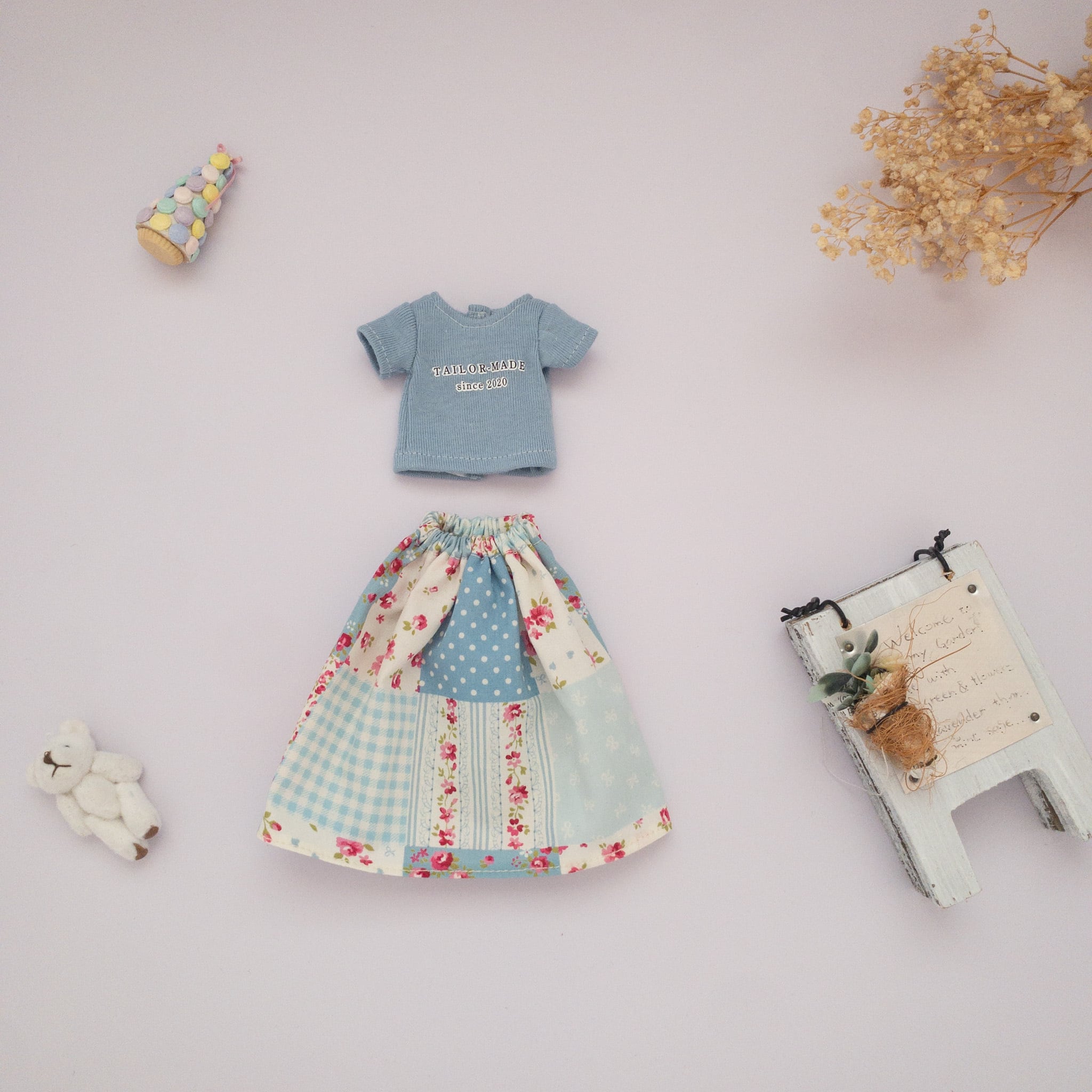 2点セット】トレーナースカートセット服（水色トレーナーパッチワーク