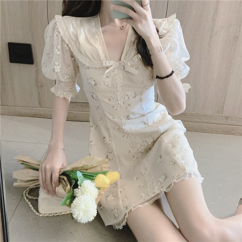 スリーブフローラルスカート ウェストドレス サマー 大人ガーリー スウィート キュート カジュアル 夏物 花柄 ドラファッションホール20743382828