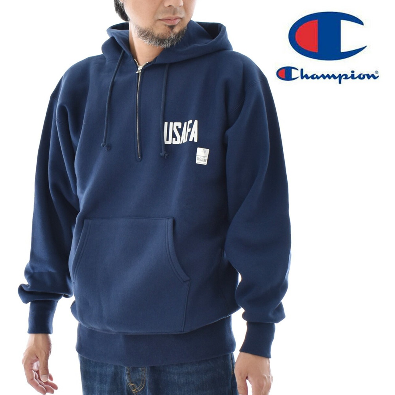 【L ネイビー】champion チャンピオン リバースウィーブ ハーフジップフーデッドスウェットシャツ TRUE TO ARCHIVES C3-A119