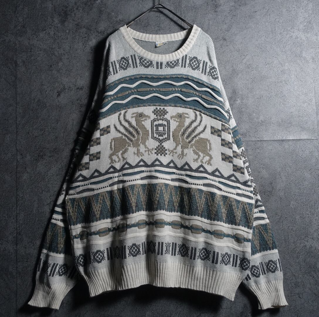 80s Multicolor Dragon Motif & 3D Pattern Design Knit