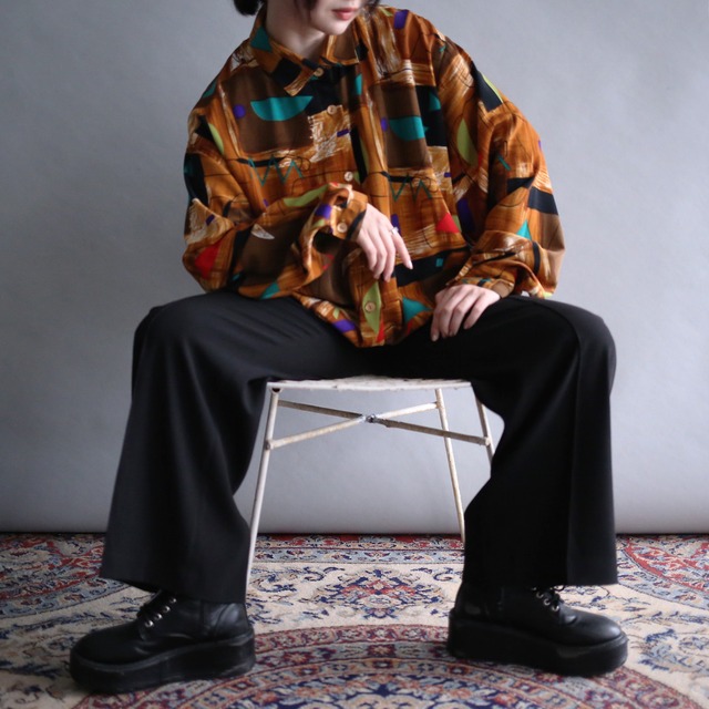 brown base geometry colorful art pattern super over size shirt