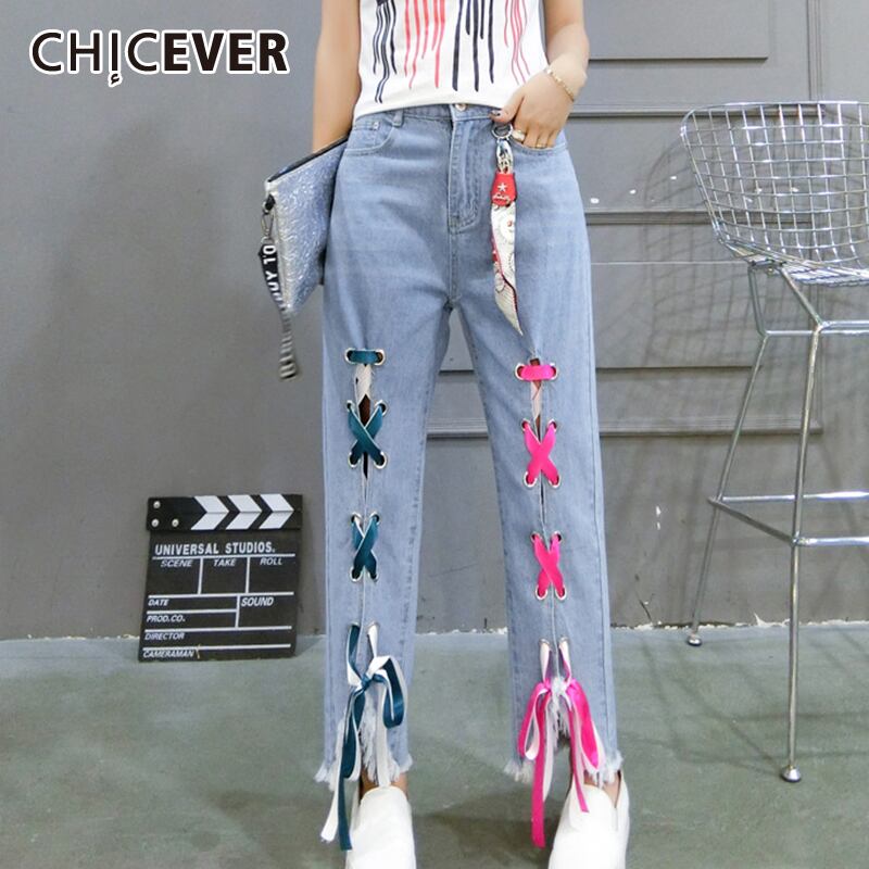 CHICEVERパッチワークヒットカラージーンズレディースウエストポケットレースアップルーズロングストレートデニムパンツ2020 6base588773383467