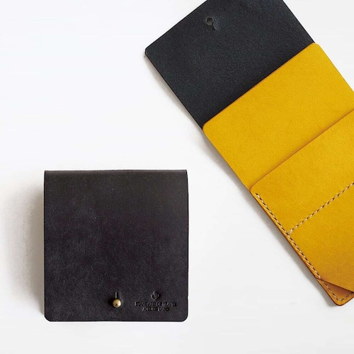 薄い 二つ折り財布【ブラック×イエロー】ブランド メンズ レディース 鍵 コンパクト レザー 革 ハンドメイド 手縫い