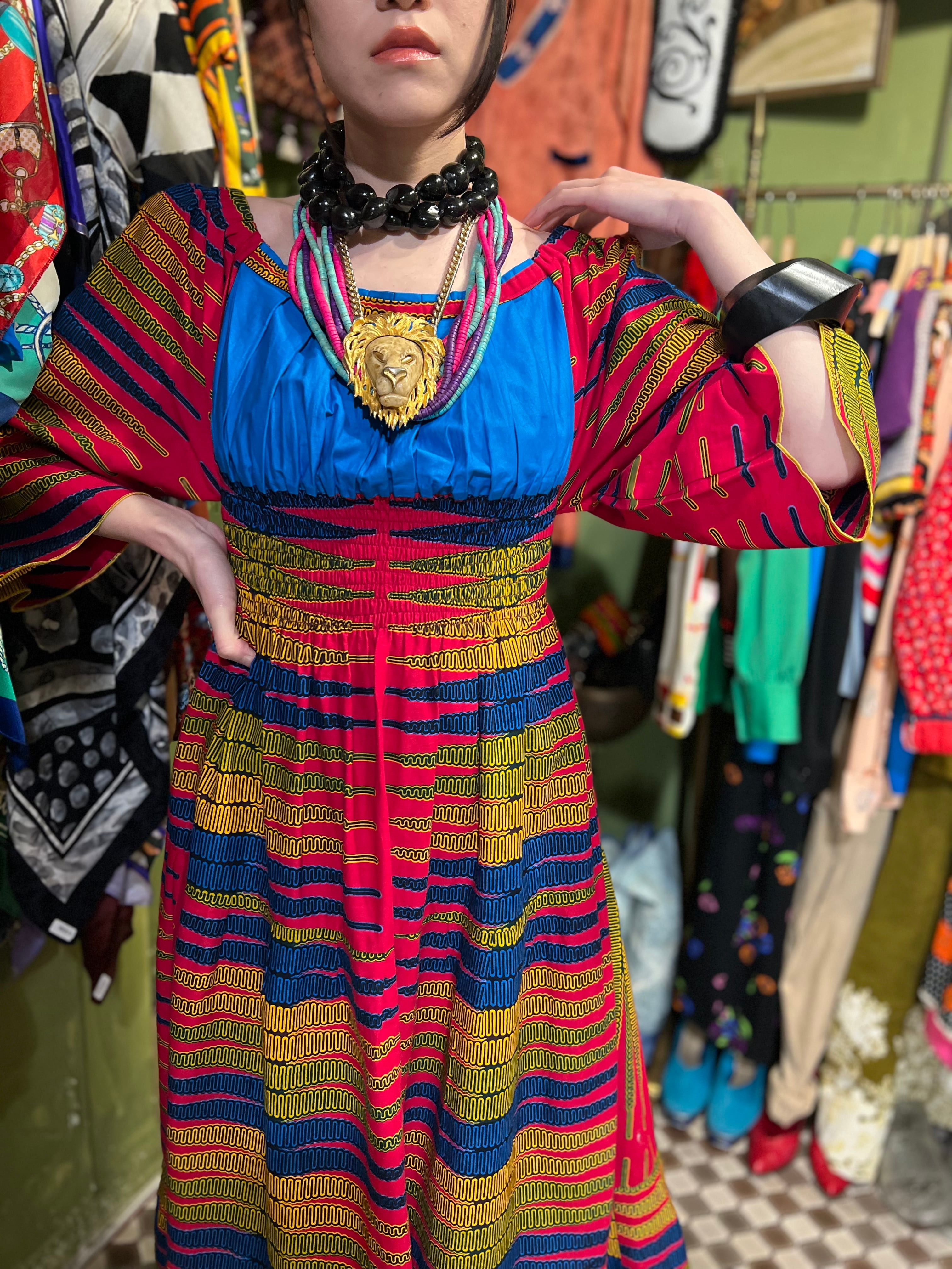 70s african batik fuchsia pink × blue yellow cotton dress 