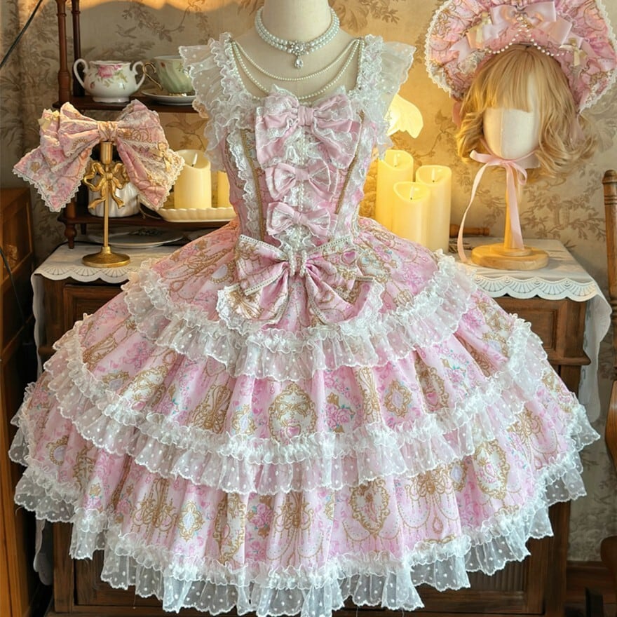 甘ロリ 花柄 JSK ピンク×パープル 多層フリル レース 姫系 ロリータ
