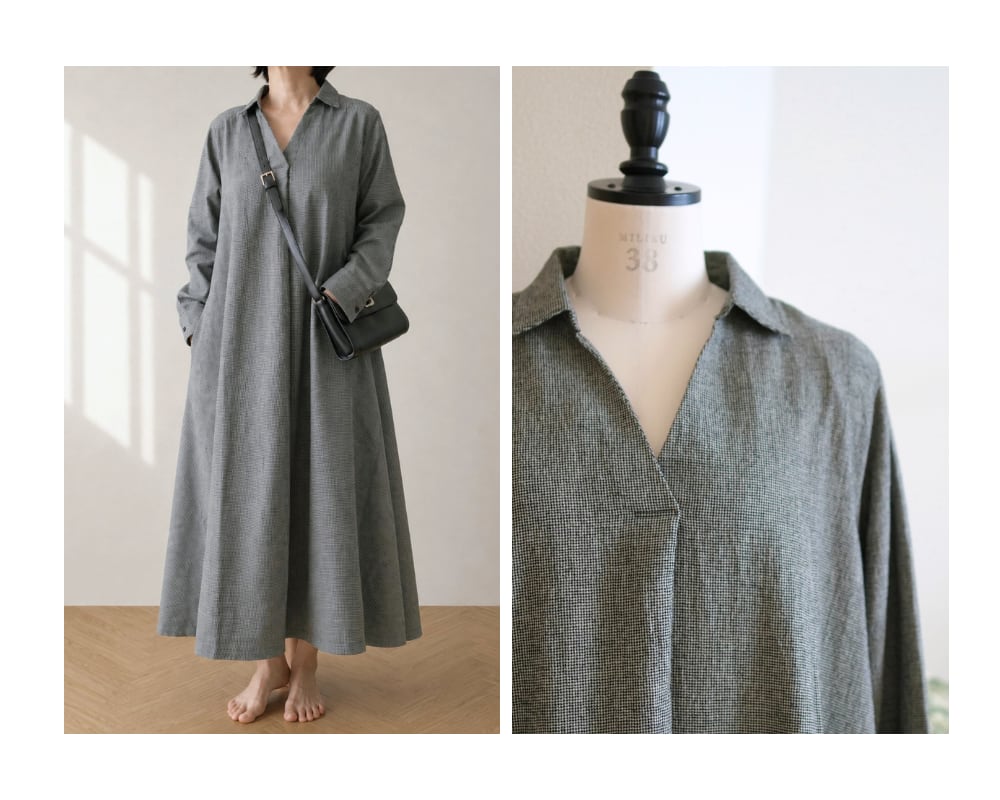 軽くて柔らかい千鳥柄のAラインスキッパーワンピース No.399