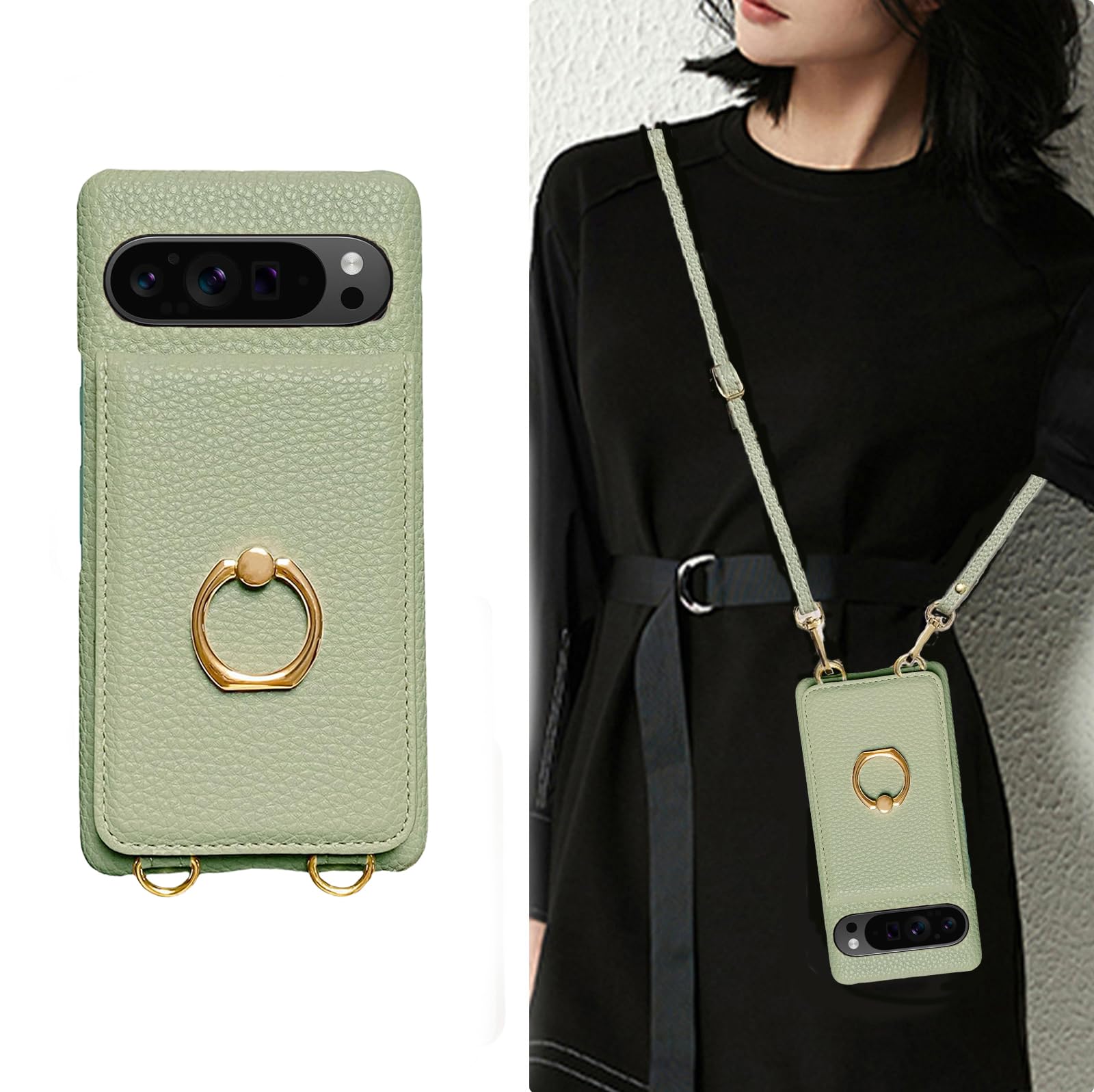 for pixel9 pro 用 ケース ショルダー ストラップ 薄型 かわいい スマホケース 可愛い ピクセル9 グーグルピクセル9 用 携帯 斜めかけ 肩掛け 首掛け 紐付き 韓国 軽量 カード収納 ショルダーケース おしゃれ 2way (ピーグリーン)