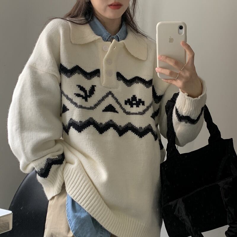 セーター オータムウィンタースタイルスタンダードブラウス ロング レトロ 秋物 冬物 1号婦人25093682064