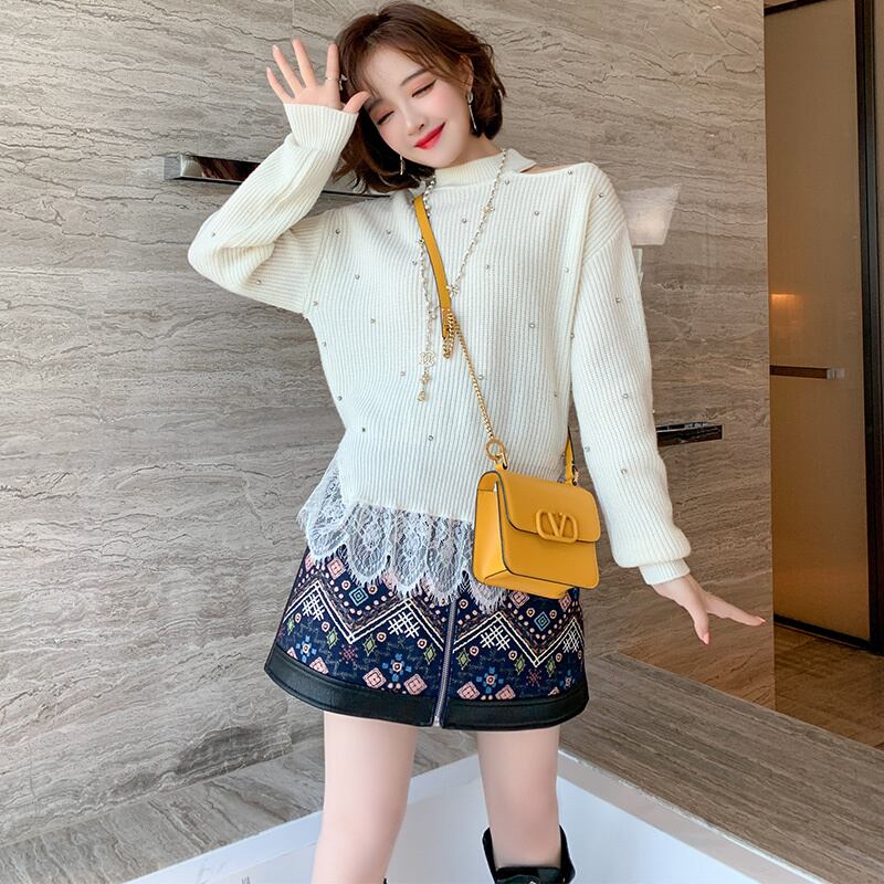 カラーレースニットセーター オータムウィンター 秋物 冬物 ステッチ MIUCO77591298536