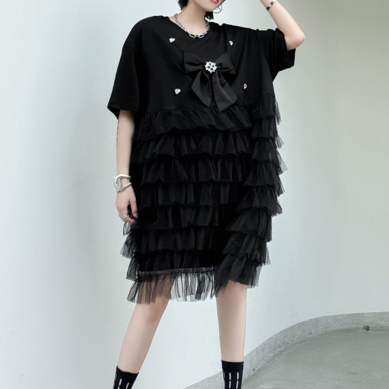 リボンブローチ付きチュールフリルワンピース 1color ON0864